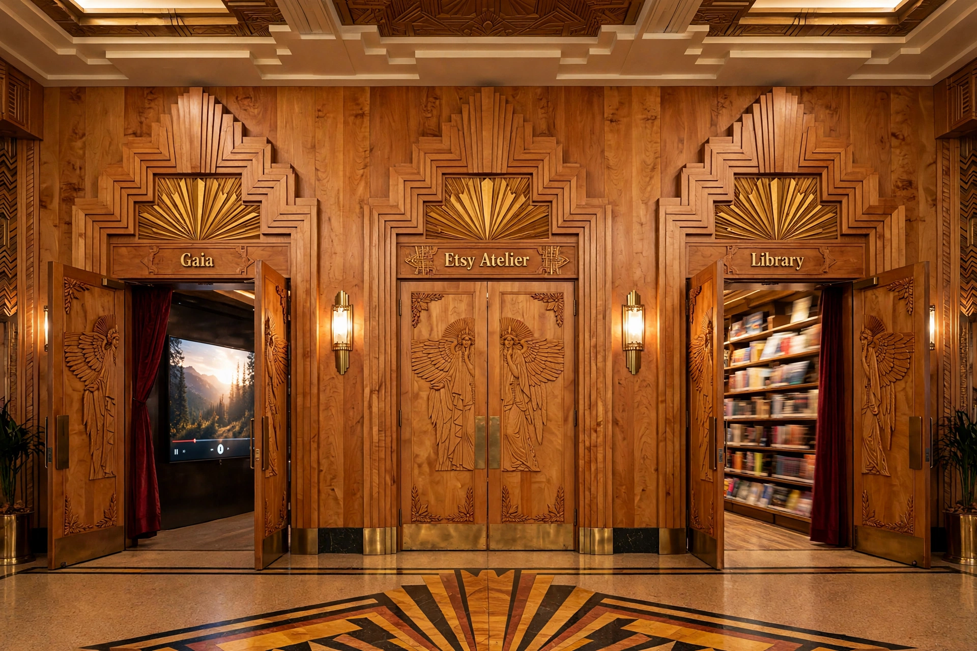 A photoreal Art Deco lobby in bird’s-eye maple with open Gaia and Library theater doors and a closed Etsy Atelier at center